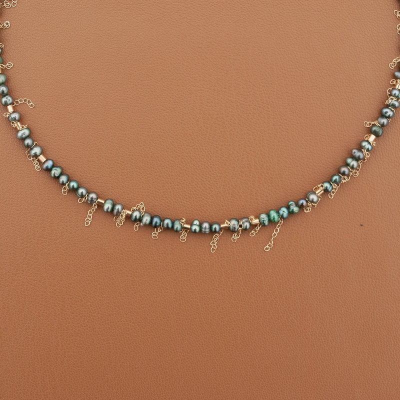 Peacock Green Pearl Fringe Choker Necklace - 14k Gold Filled