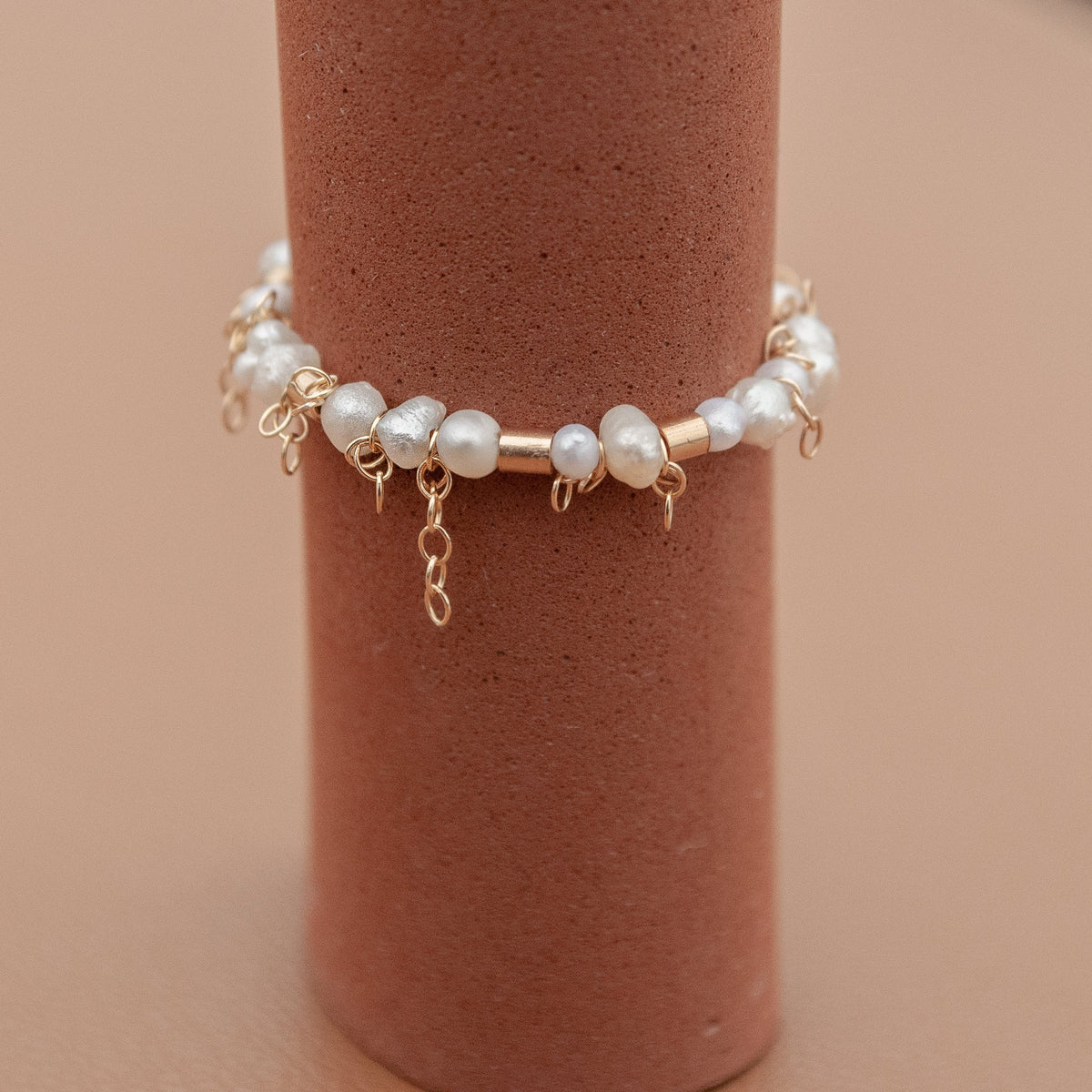 Beaded Pearl Wire Ring with 14k Gold-Fill Chain