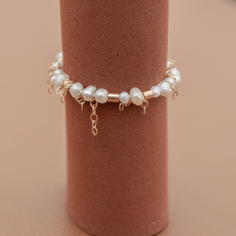 Beaded Pearl Wire Ring with 14k Gold-Fill Chain