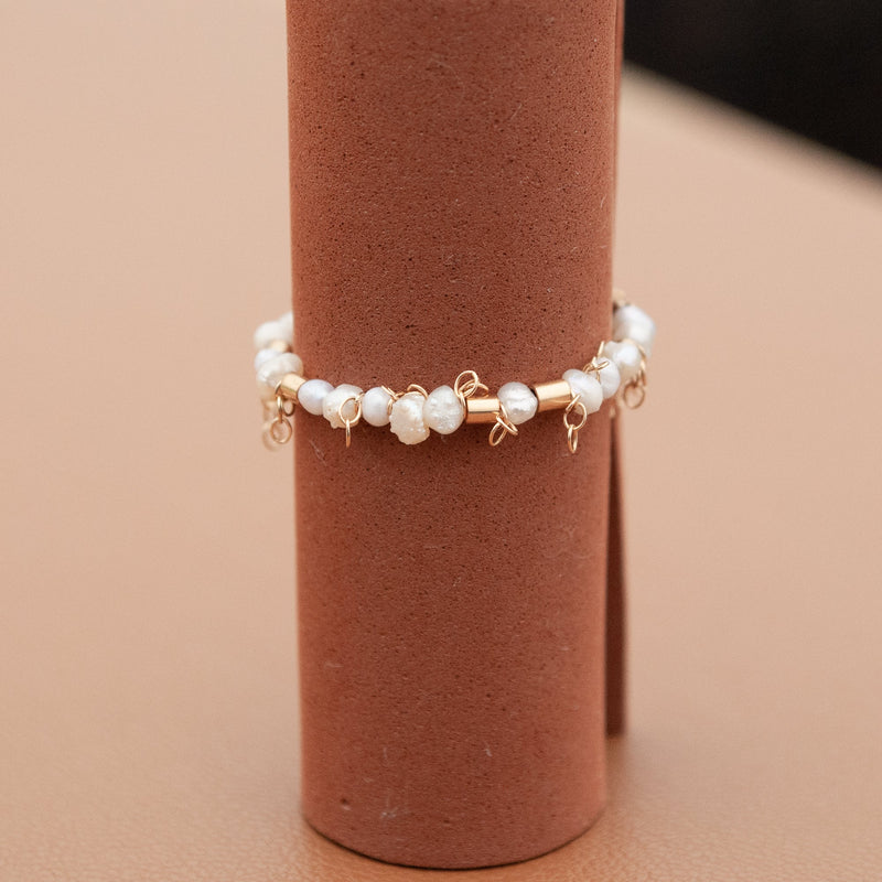Beaded Pearl Wire Ring with 14k Gold-Fill Chain