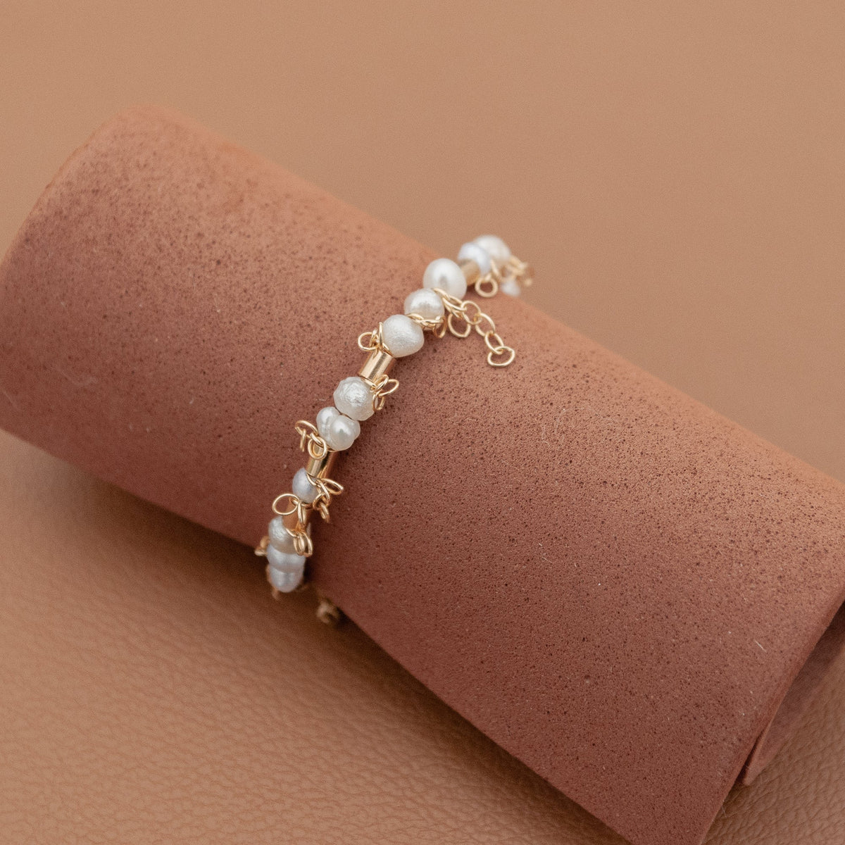 Beaded Pearl Wire Ring with 14k Gold-Fill Chain