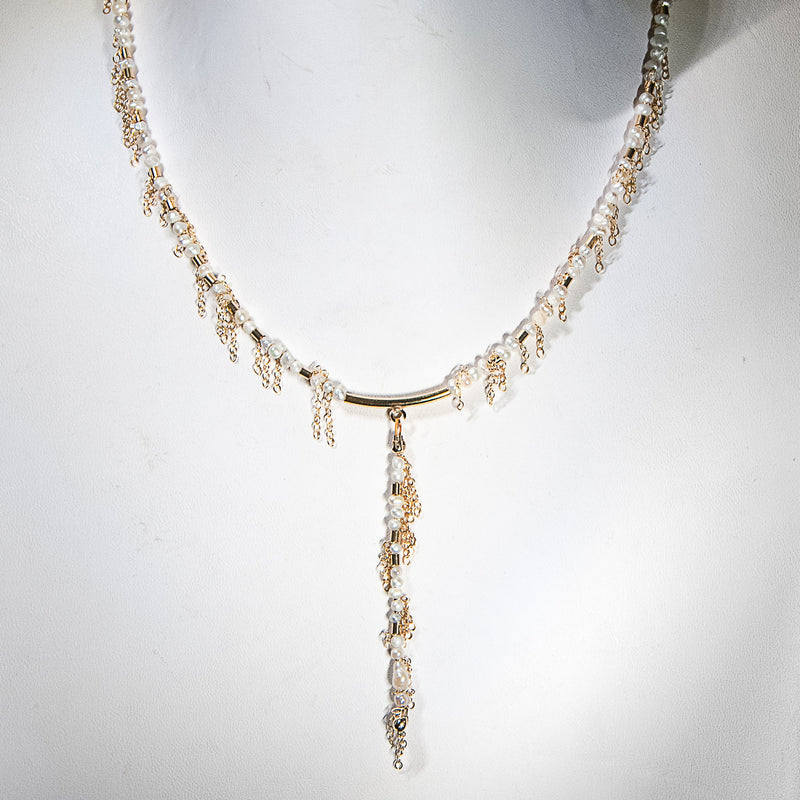 Seed Pearl Fringe Y Necklace -  Gold-Filled