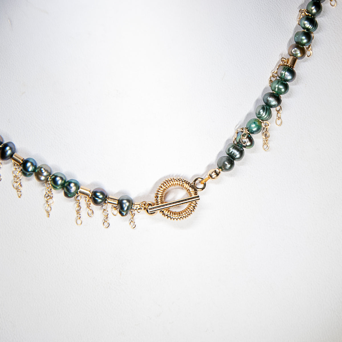 Peacock Green Pearl Fringe Choker Necklace - 14k Gold Filled