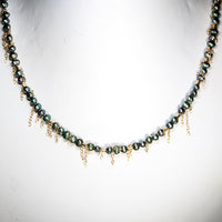 Peacock Green Pearl Fringe Choker Necklace - 14k Gold Filled