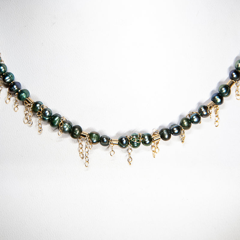 Peacock Green Pearl Fringe Choker Necklace - 14k Gold Filled