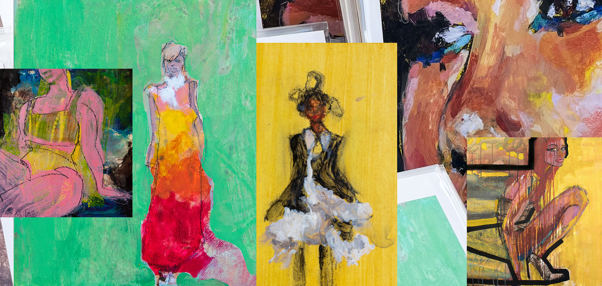 collaged photos of Dana's paintings and colorful artwork