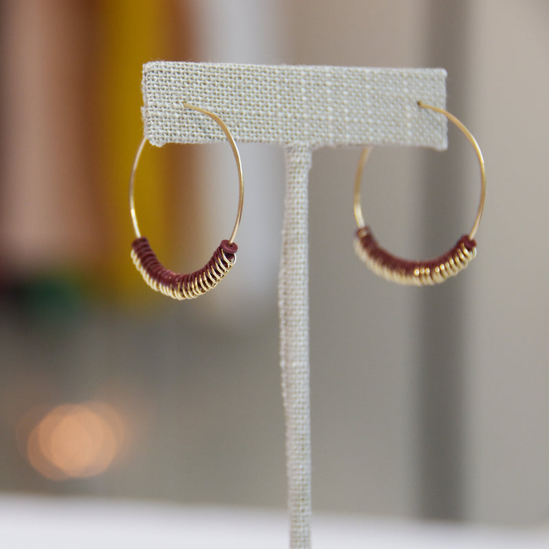 handmade hoop earrings, maroon jewelry, hammered earrings made in Nashville